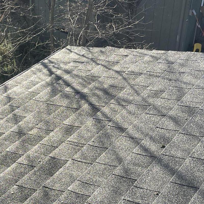 Gaf asphalt shingle roof with tree shadows