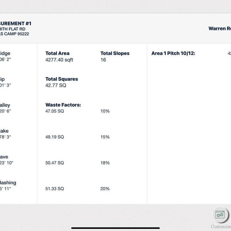 Roof measurement report showing total area and slopes