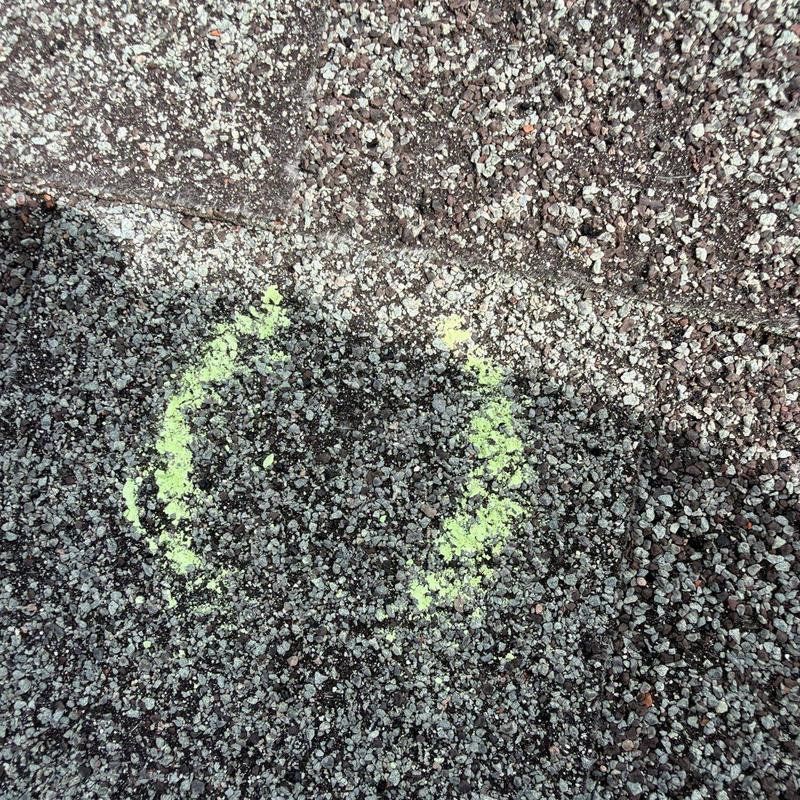 Asphalt roof shingles hail damage marked in yellow