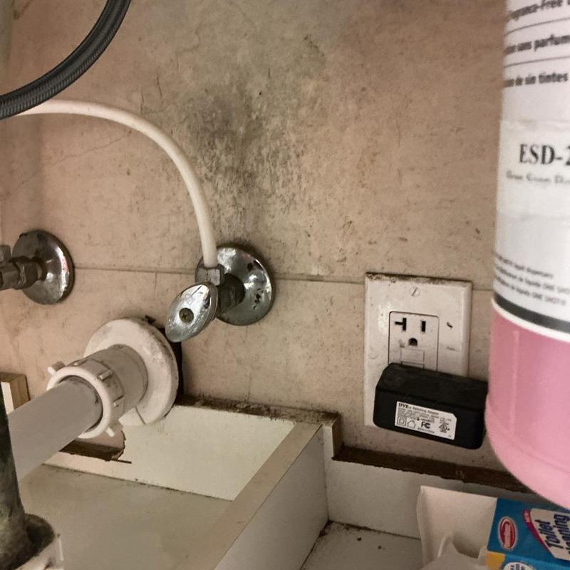 Angle stop valve leak tight near electrical outlet Angle stop valve leak tight near electrical outlet
