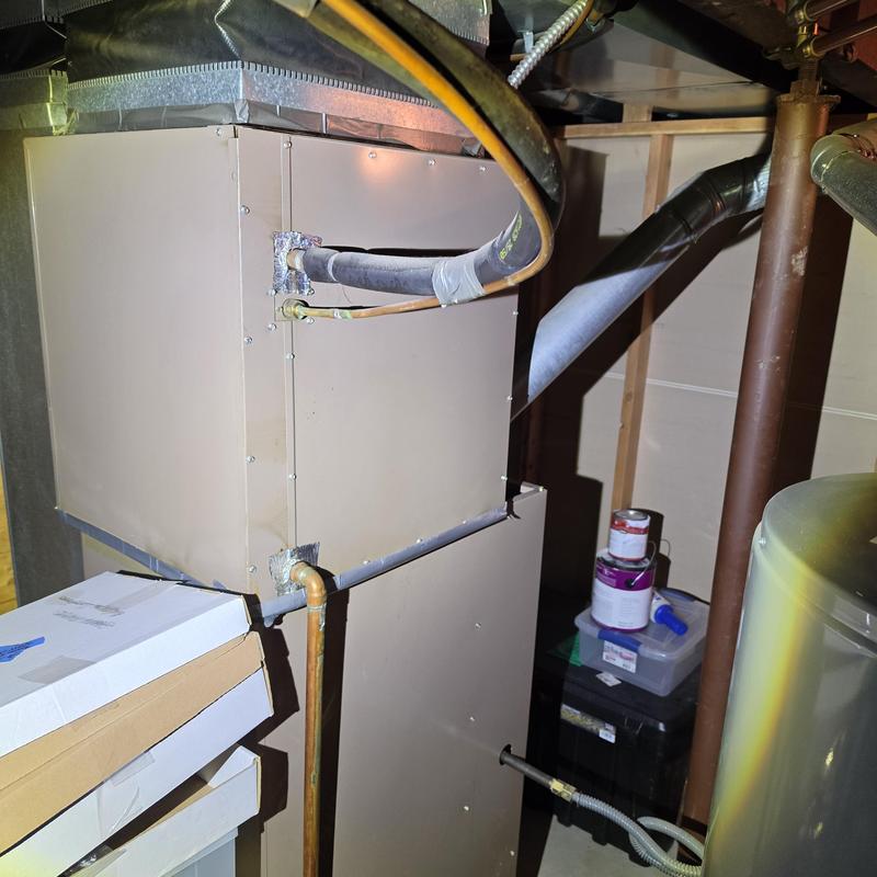 Furnace air handler unit with duct and pipe connections Furnace air handler unit with duct and pipe connections