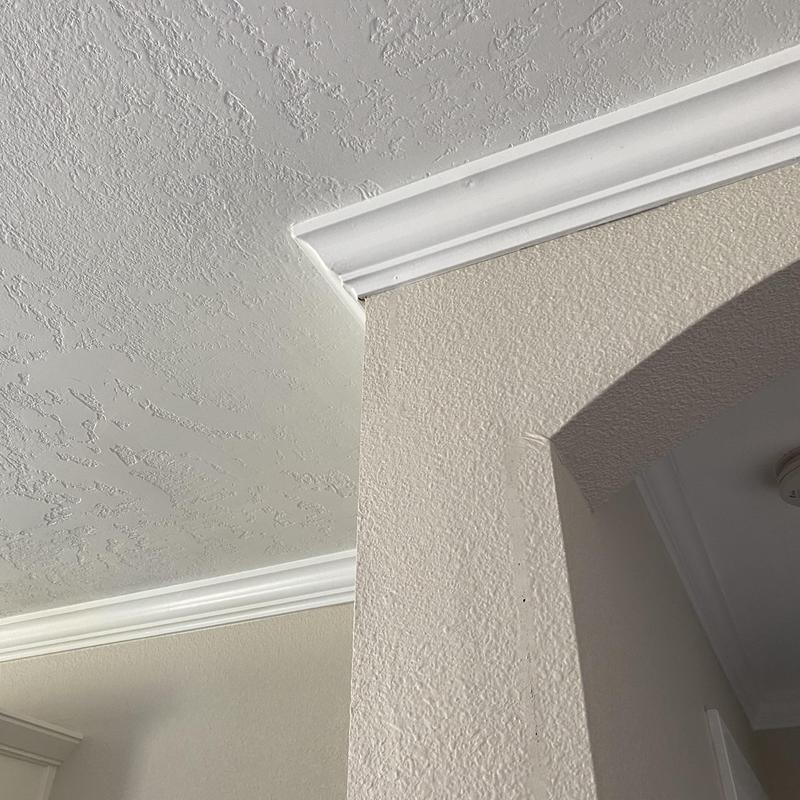 Bathroom wall with water damage and ceiling trim