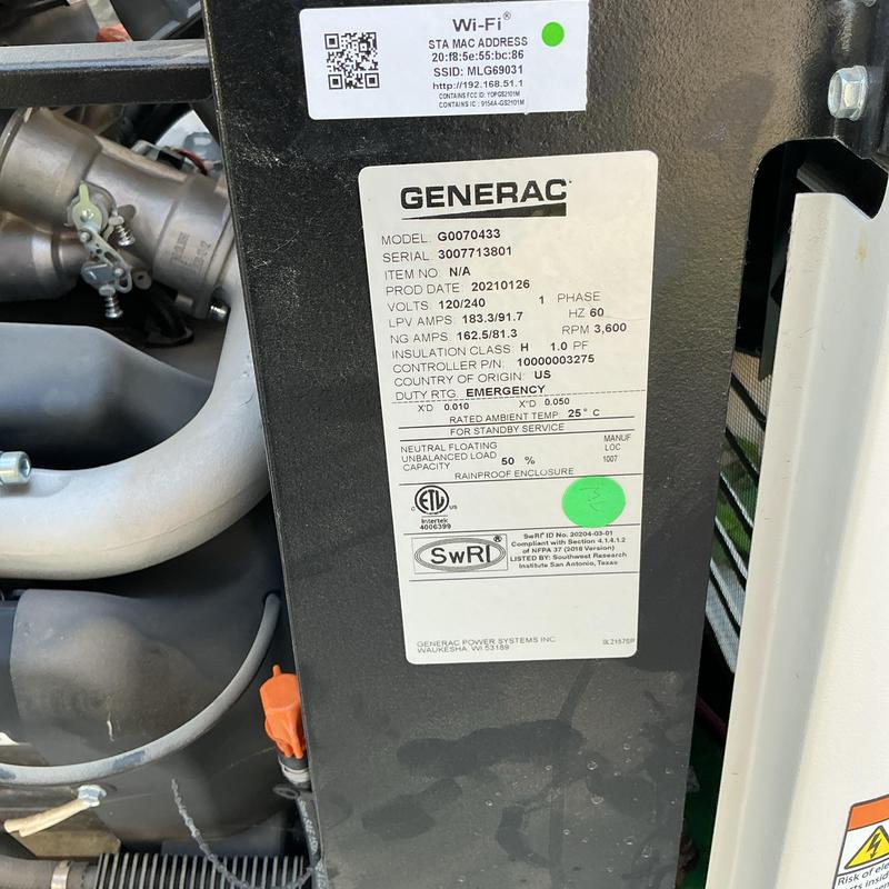 Generac emergency generator label and components Generac emergency generator label and components