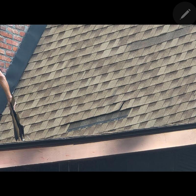 Roof shingles with lifting and damage near gutter edge