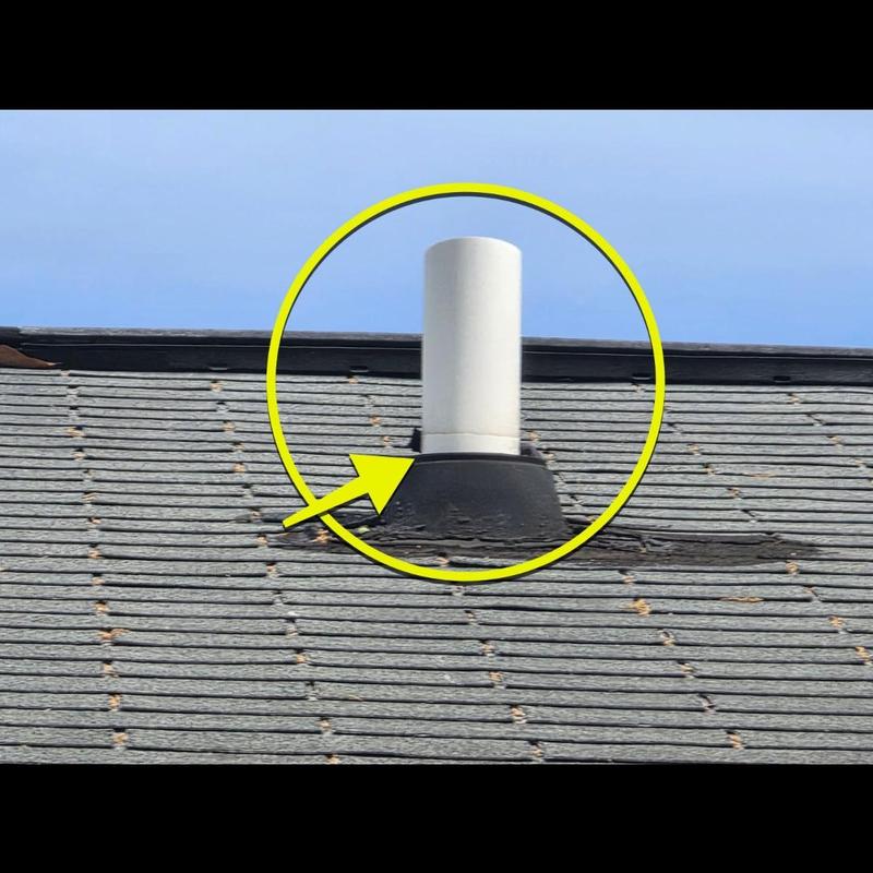Roof pipe flashing with damaged shingles underlay