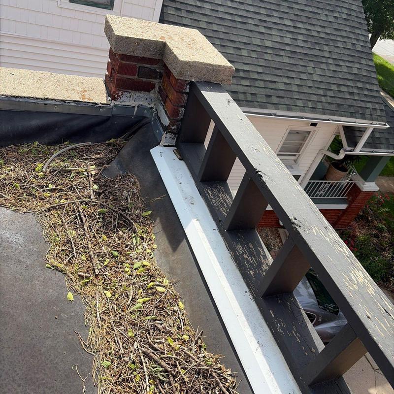 Flat roof drainage area clogged with debris and leaves Flat roof drainage area clogged with debris and leaves