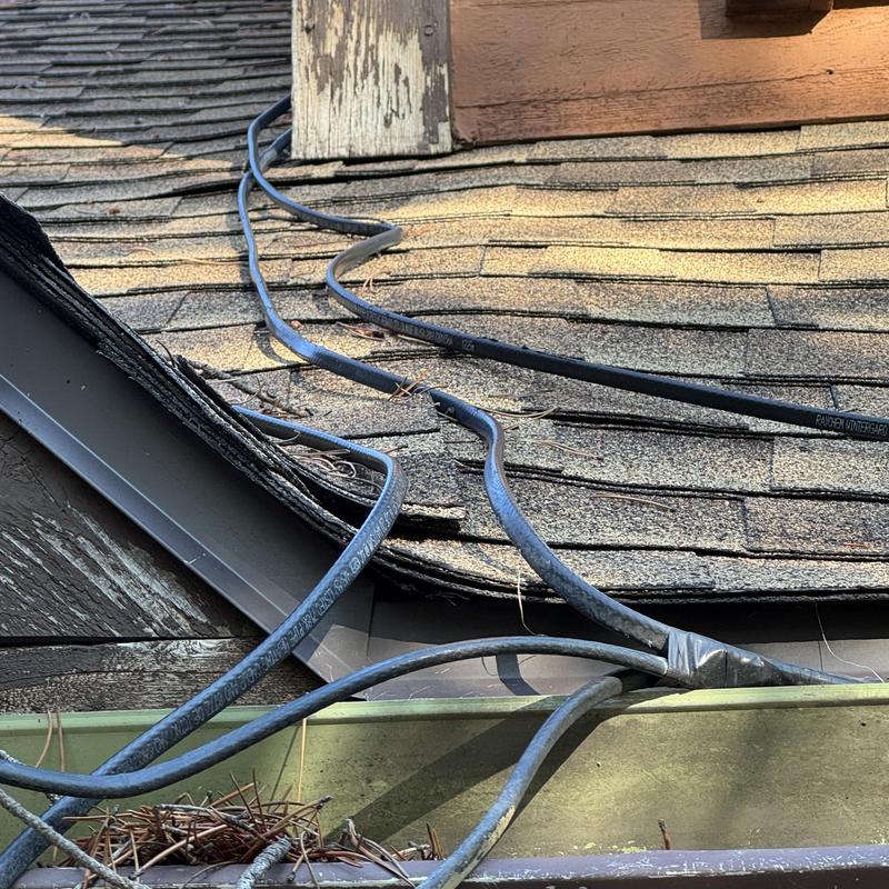 Asphalt shingles with ice damage and heat tape cables