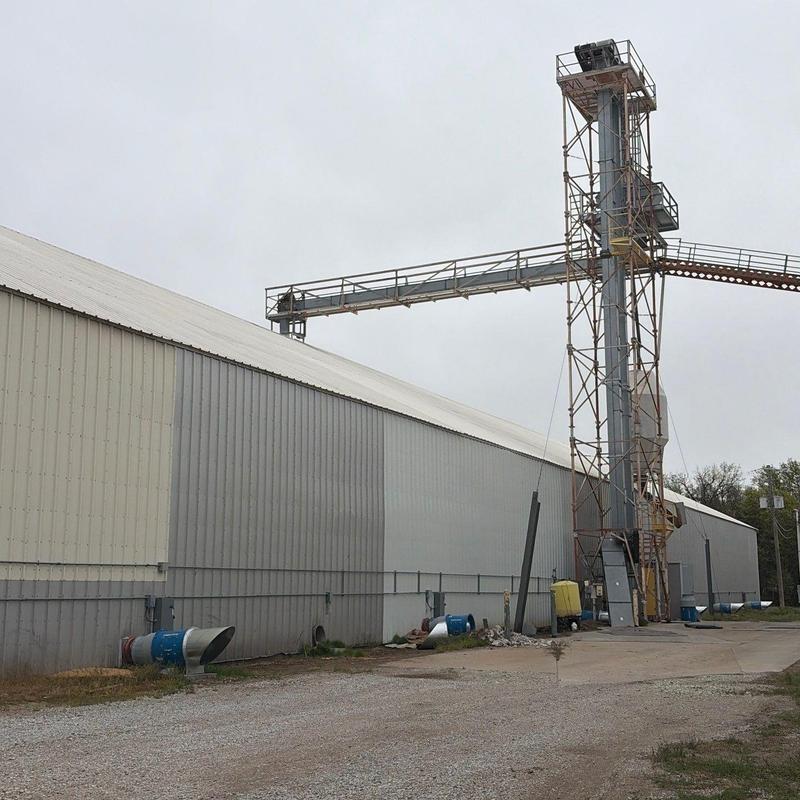 Metal building exterior with grain elevator system Metal building exterior with grain elevator system