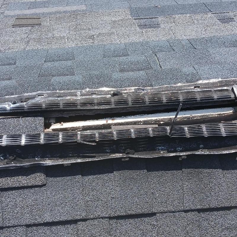 Ridge vent missing section on asphalt shingle roof
