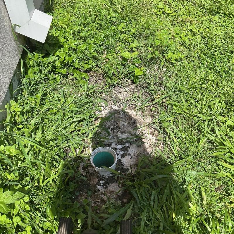 Main sewer line cleanout pipe outside building in grass Main sewer line cleanout pipe outside building in grass