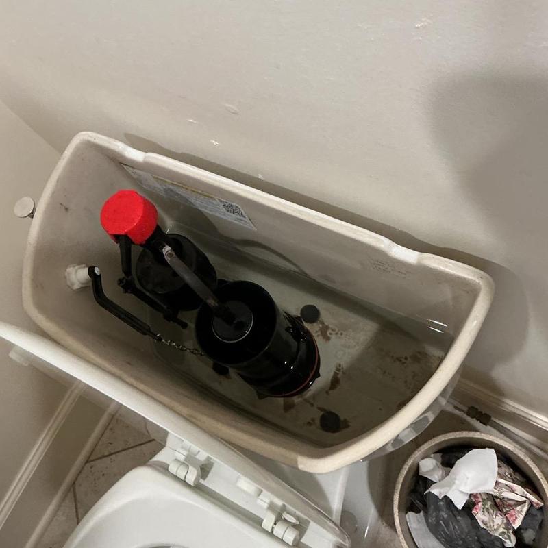 Toilet tank interior showing fill valve and flush mechanism Toilet tank interior showing fill valve and flush mechanism