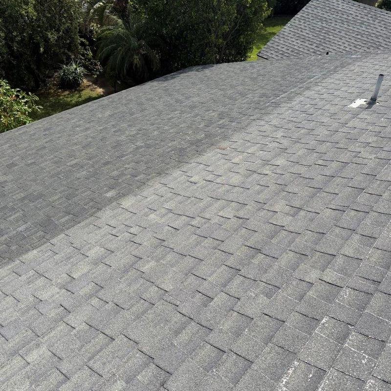 Shingle roof surface showing wear and discoloration Shingle roof surface showing wear and discoloration