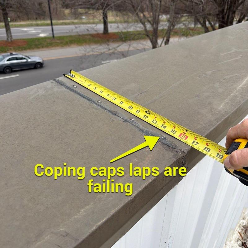 Coping cap lap joint with visible failure and measurement
