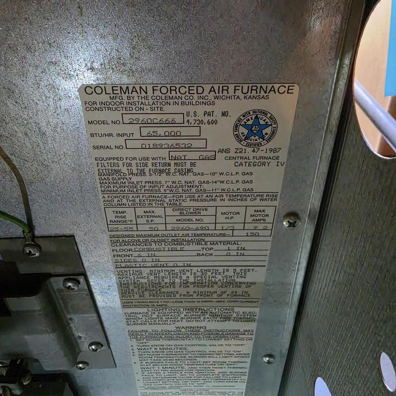 Coleman forced air furnace model information label Coleman forced air furnace model information label