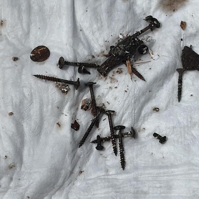 Emergency floor drain clogged with construction nails and debris
