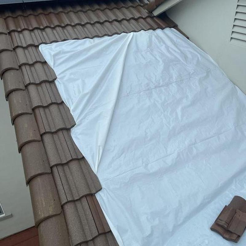 Clay tile roof with protective tarp covering Clay tile roof with protective tarp covering