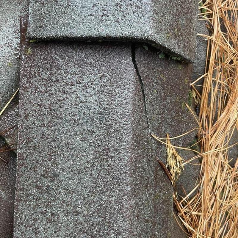 Clay tile roof damaged tile with crack near pine needles Clay tile roof damaged tile with crack near pine needles