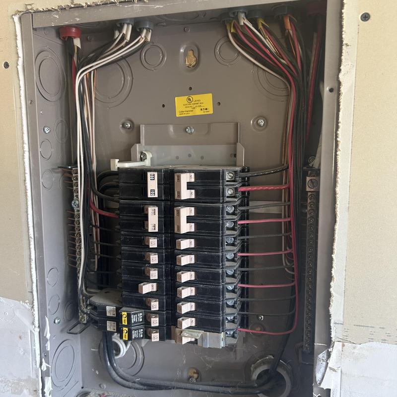 Circuit breaker panel with wiring in electrical box Circuit breaker panel with wiring in electrical box