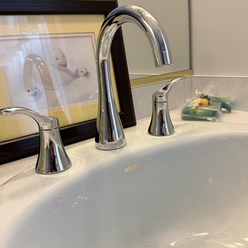 Double vanity faucets with chrome finish installed