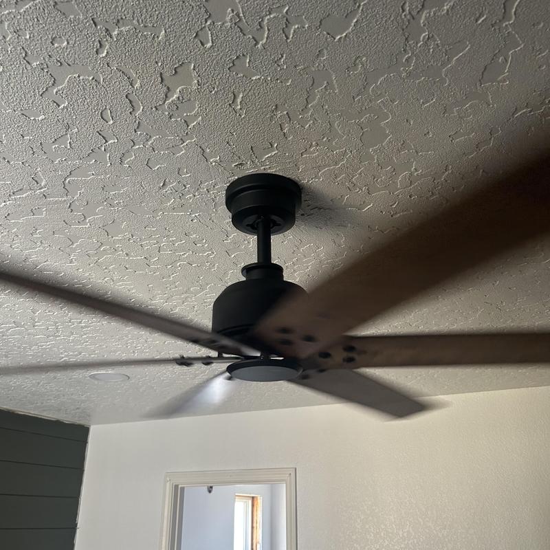 Ceiling fan with matte black motor and wood blades