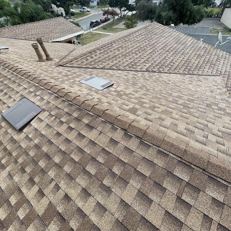 Asphalt shingle roof with vents and chimneys Asphalt shingle roof with vents and chimneys