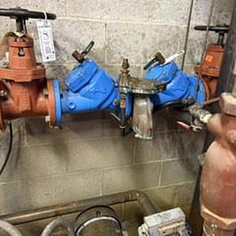 Blue backflow preventer assembly with valves and piping