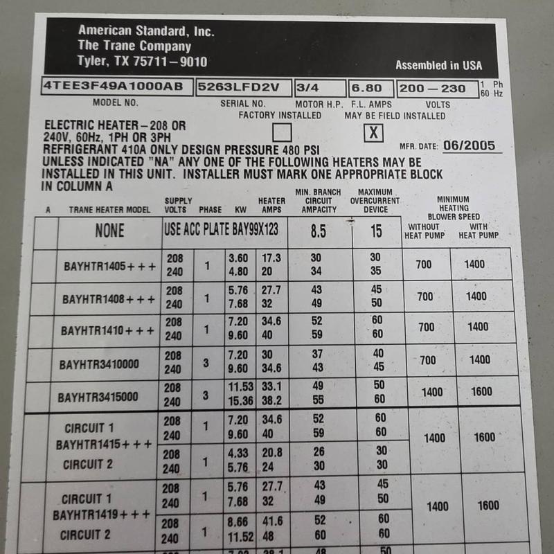 Electric heater specifications label from Trane unit Electric heater specifications label from Trane unit