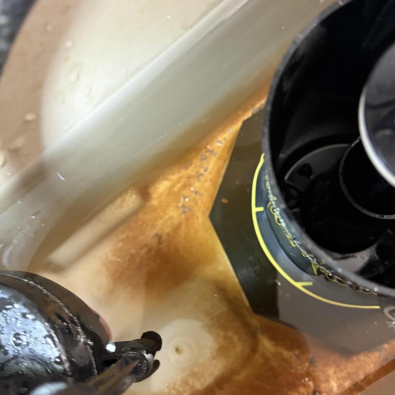 Toilet tank interior with rust buildup and water level components Toilet tank interior with rust buildup and water level components