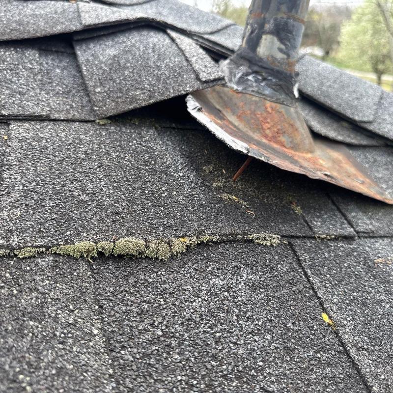 Asphalt shingles with moss growth near rusted flashing