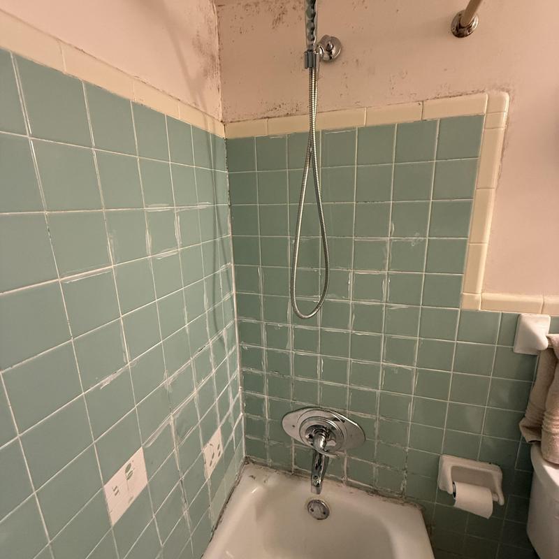 Shower valve and faucet with green tile surround