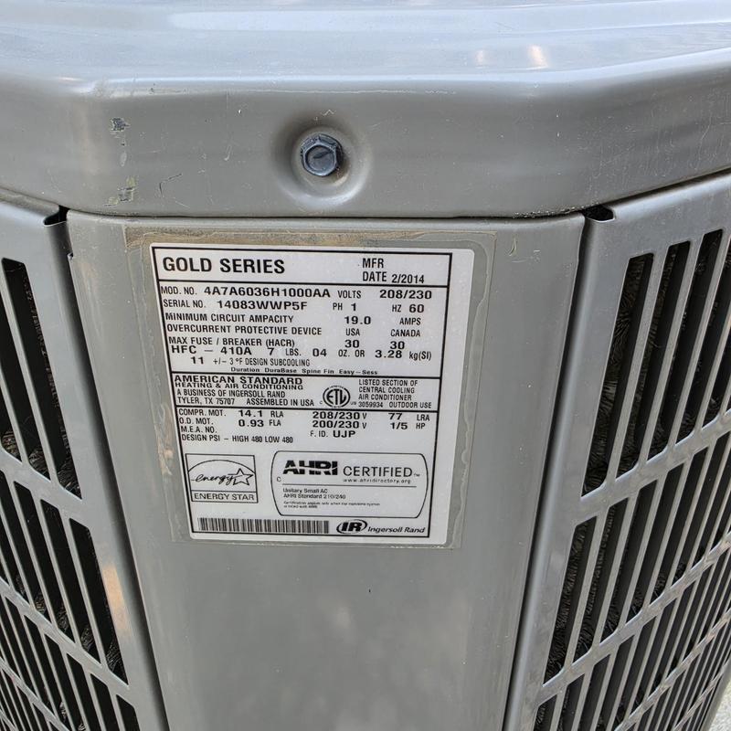 American Standard AC model 4A7A6036H1000AA label close-up American Standard AC model 4A7A6036H1000AA label close-up
