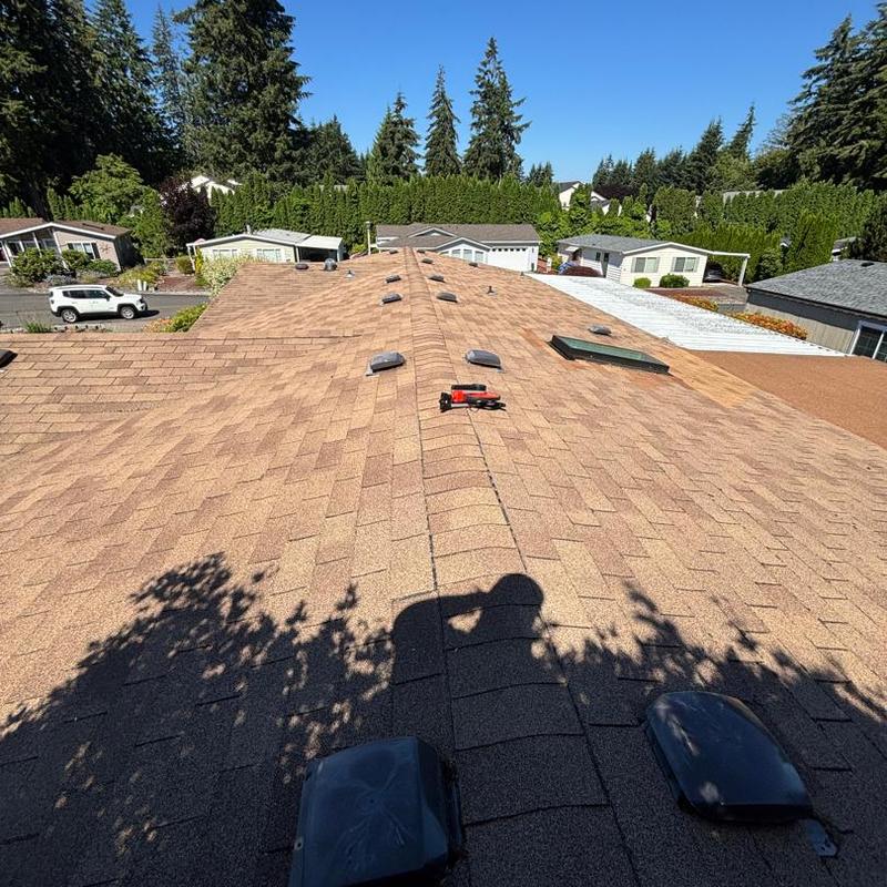 Asphalt shingle roof with vents and skylight installation Asphalt shingle roof with vents and skylight installation