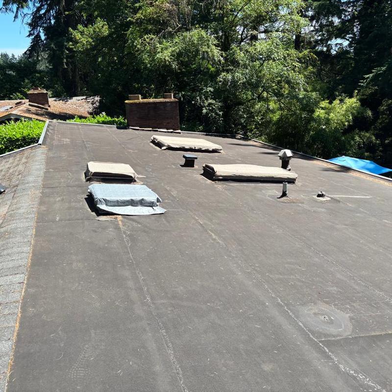 Flat roof with vents and skylights on residential home Flat roof with vents and skylights on residential home