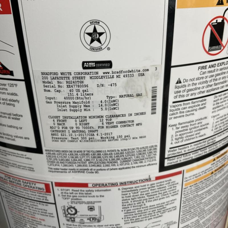 Natural gas water heater gas control and tank label Natural gas water heater gas control and tank label