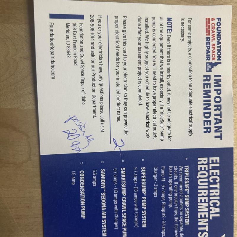 Sump pump electrical outlet installation reminder card