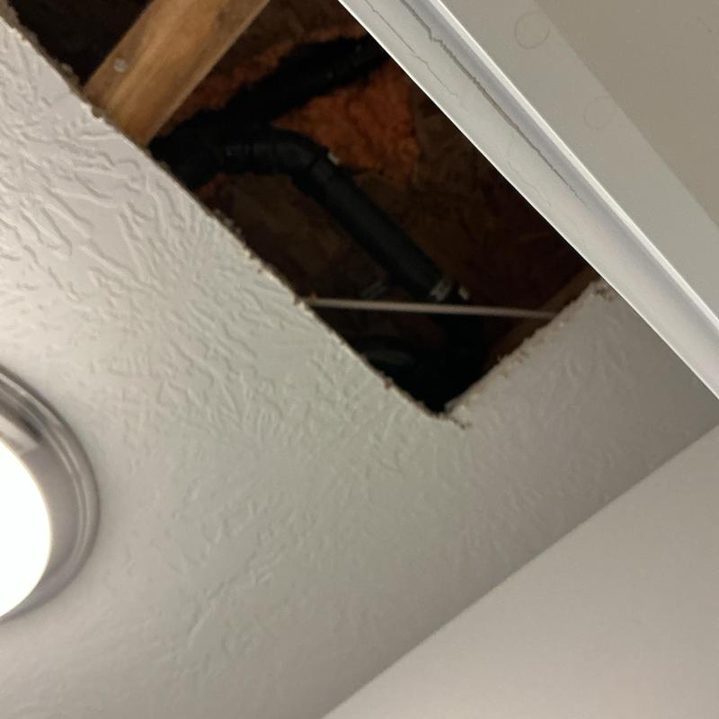 Ceiling access showing tub-shower diverter leak pipe Ceiling access showing tub-shower diverter leak pipe