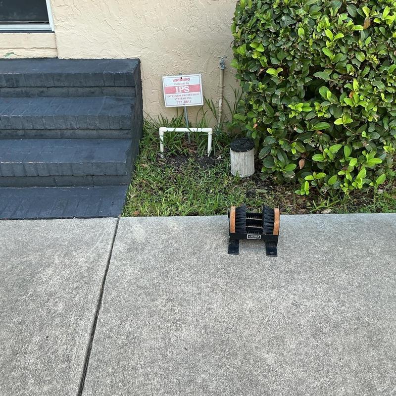 Backflow preventer system near front steps and bushes Backflow preventer system near front steps and bushes