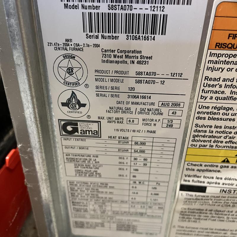 Carrier 58STA070 central furnace specification label Carrier 58STA070 central furnace specification label