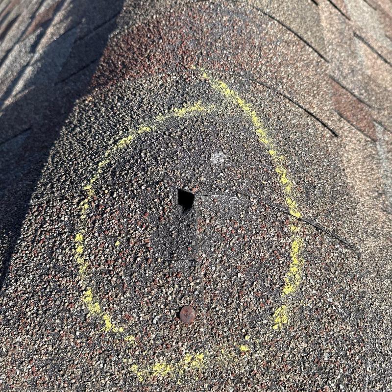 Asphalt shingle roof hail damage marked with yellow circle