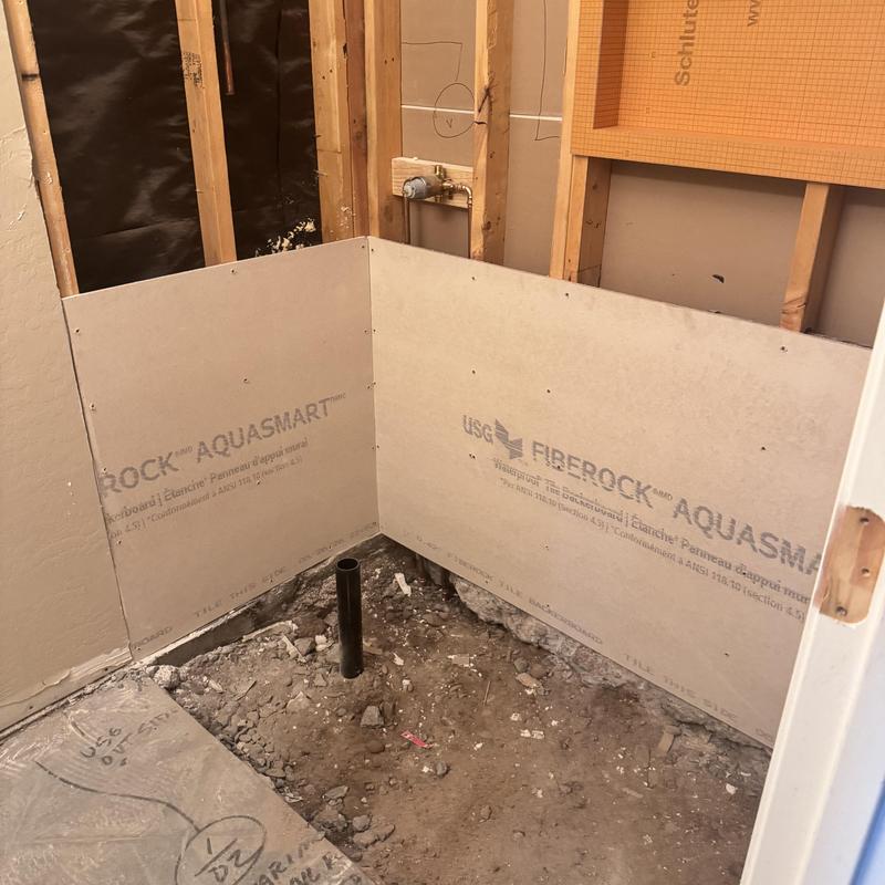 AquaSmart cement backer board and plumbing prep AquaSmart cement backer board and plumbing prep