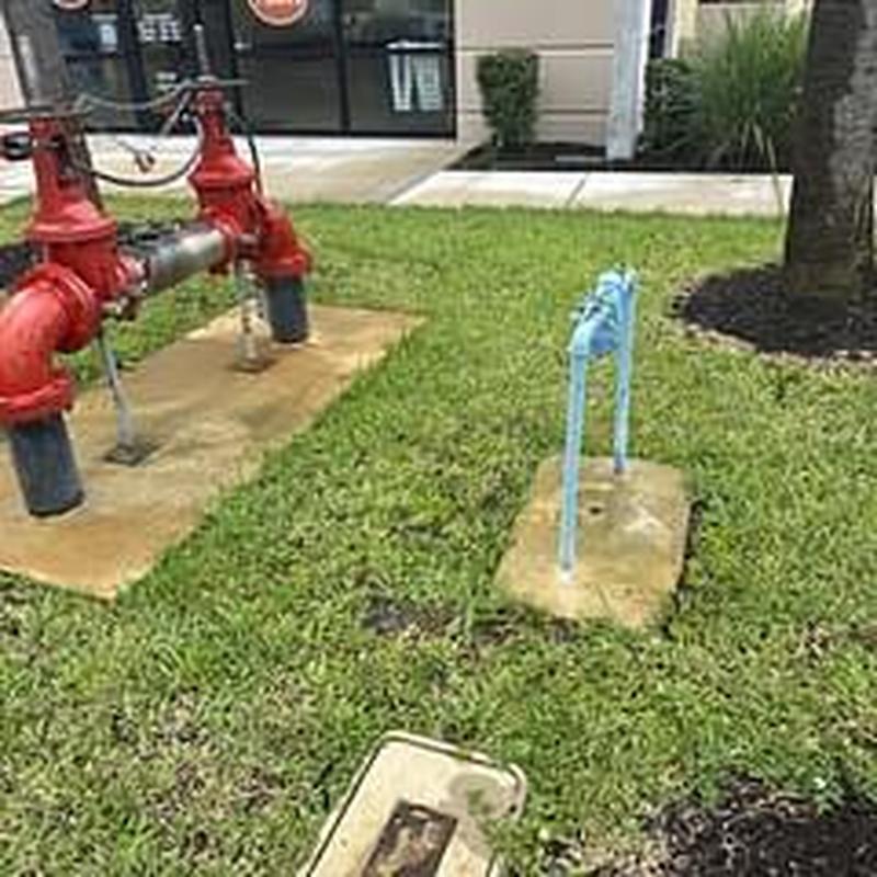 Backflow prevention device on lawn near building