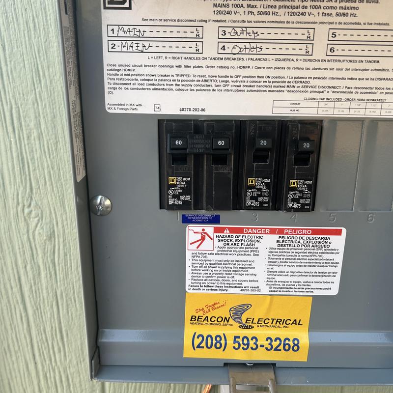 Electrical breaker panel with 60-amp breakers and labels