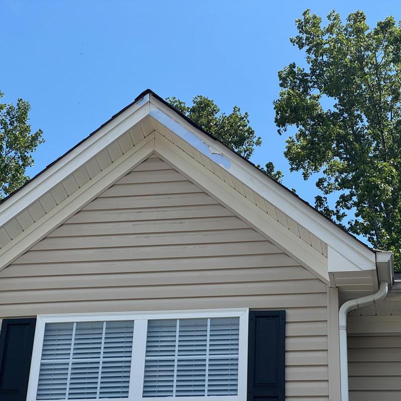 Roof fascia with peeling paint on house exterior