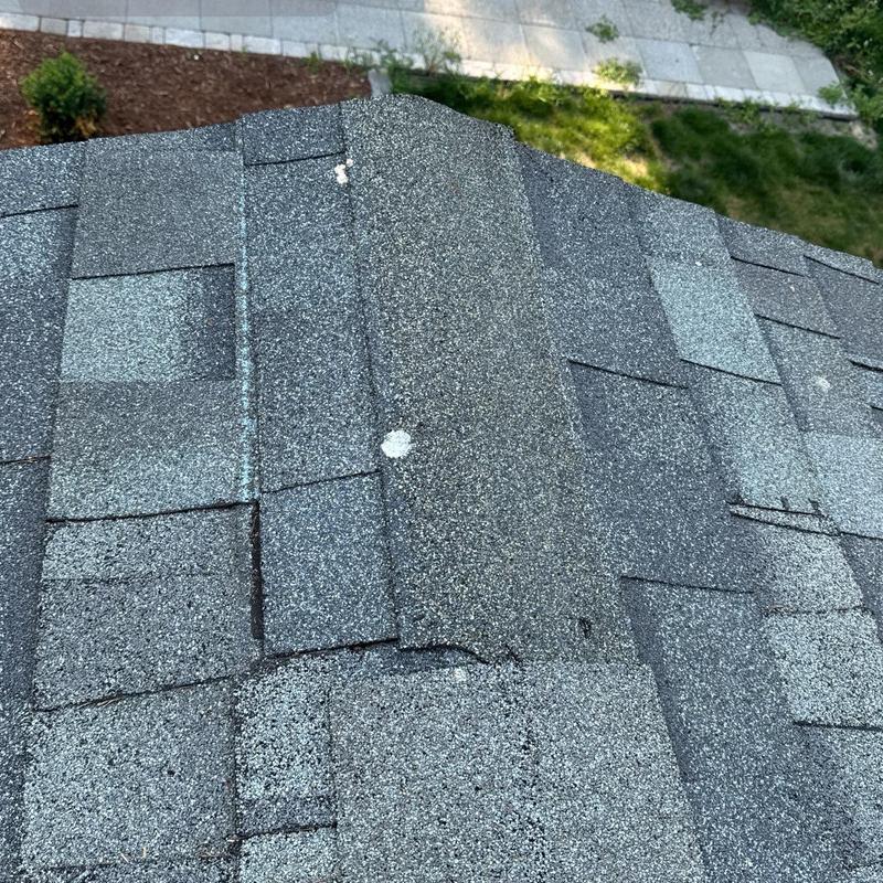 Asphalt shingles with visible wear and damage