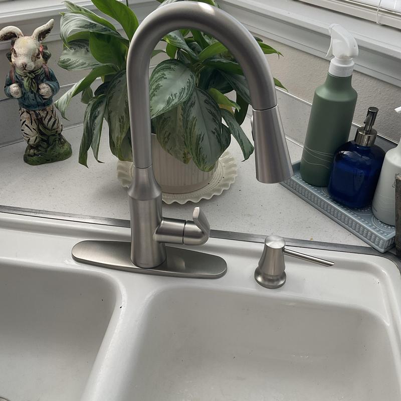 Kitchen faucet with soap dispenser installed over sink Kitchen faucet with soap dispenser installed over sink
