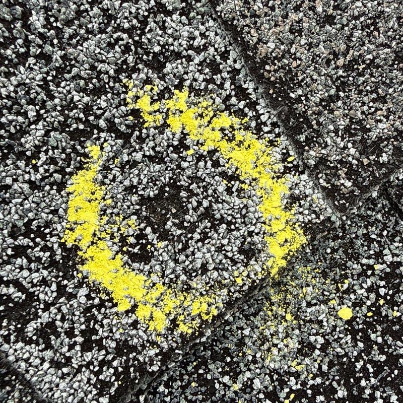 Asphalt shingles with marked hail damage spot