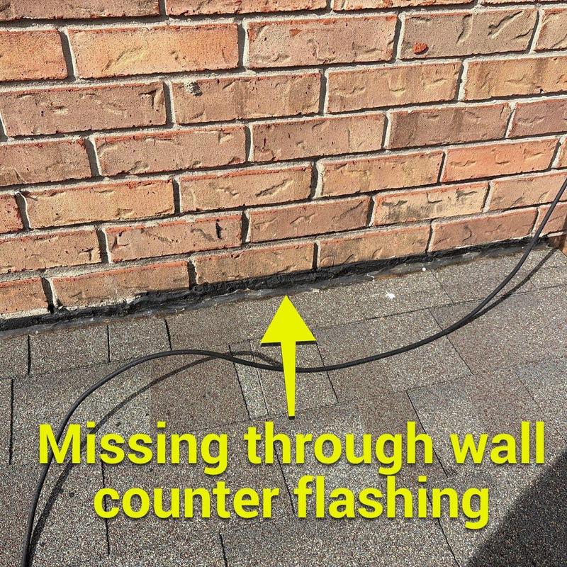 Wall counter flashing missing above roof shingles