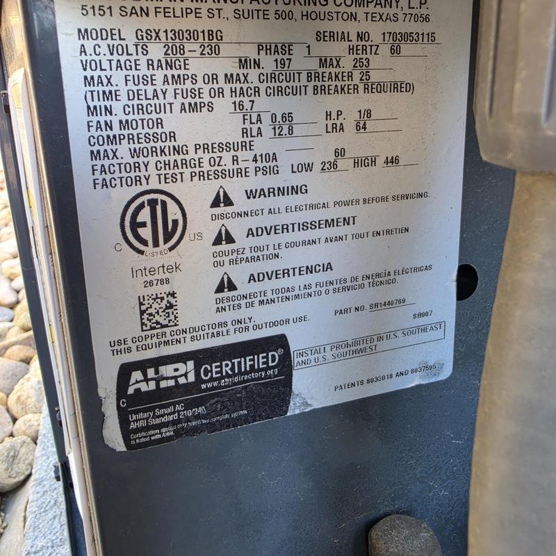 Amana GSX130301BG air conditioner label details Amana GSX130301BG air conditioner label details