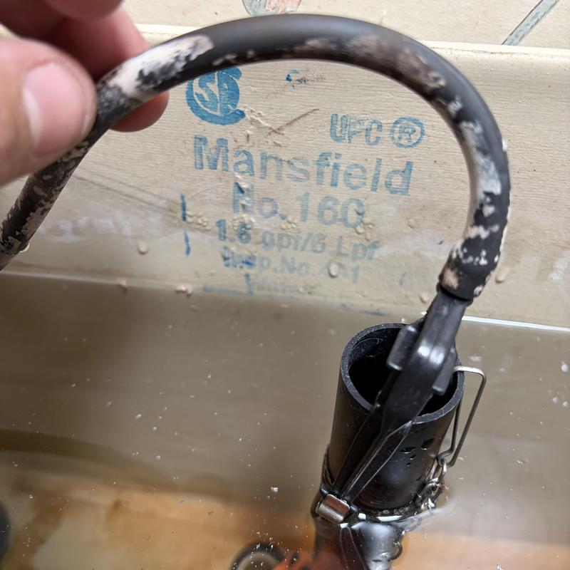 Toilet fill valve hose being held above tank water. Toilet fill valve hose being held above tank water.