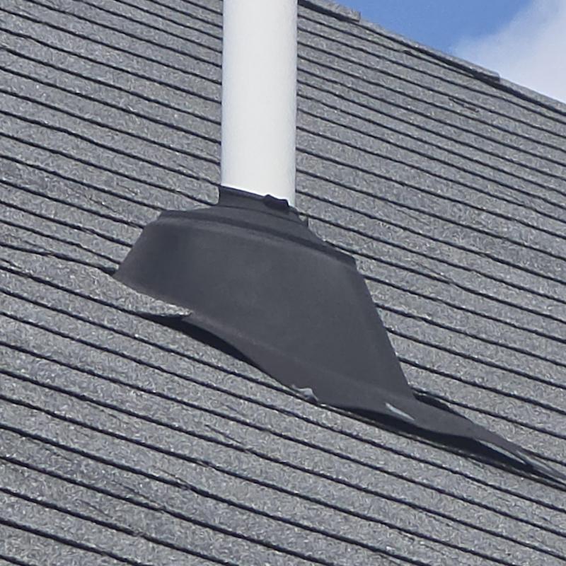 Pipe boot on asphalt shingle roof with missing sealing